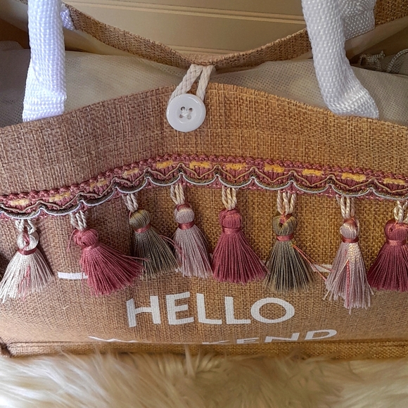 Hello Weekend Linen Look Tassled Canvas Tote Bag - Picture 9 of 12